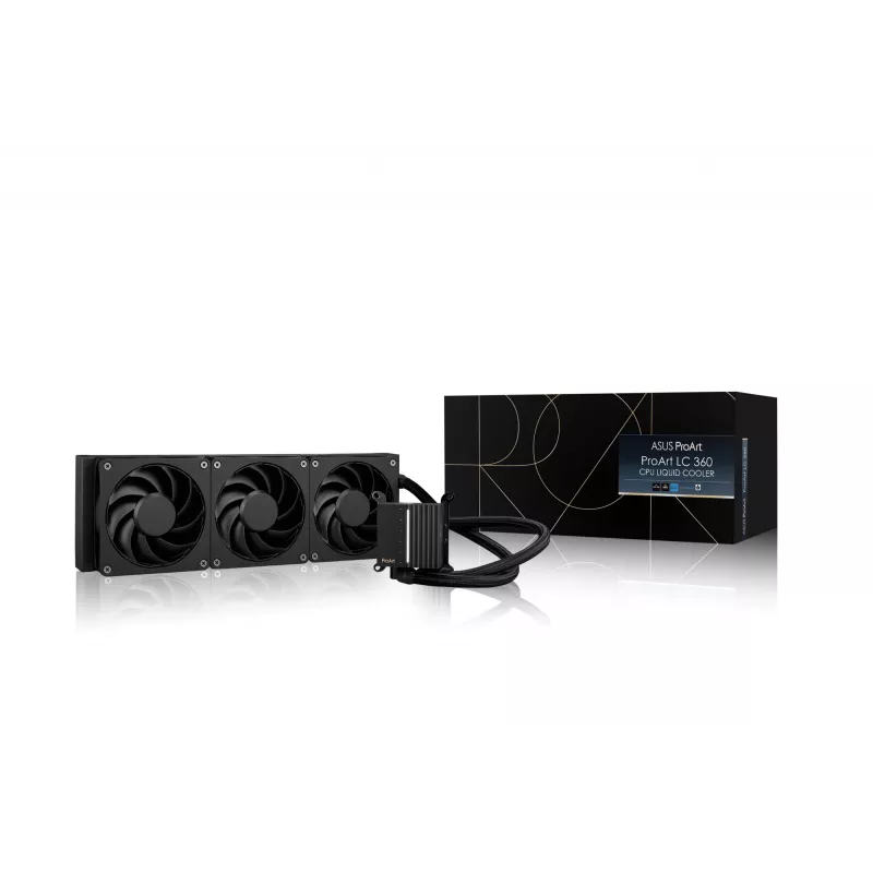 Skysčio aušinimo rinkinys ASUS ProArt LC 360 Black — 3x120 mm ventiliatoriai 800–2200 RPM, radiatorius 360 mm, varinė bazė, 40 cm vamzdeliai