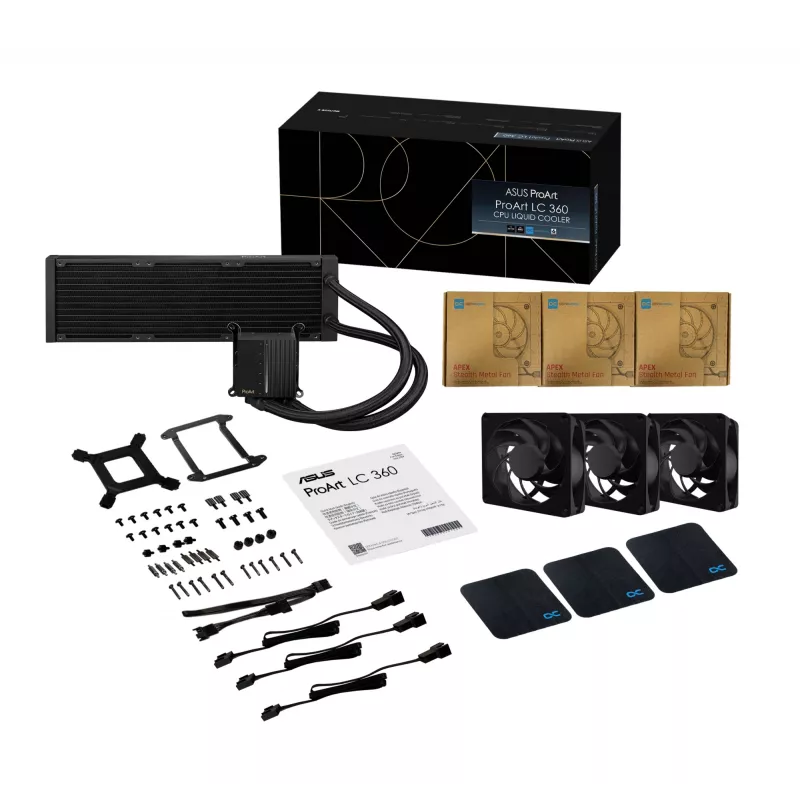 Skysčio aušinimo rinkinys ASUS ProArt LC 360 Black — 3x120 mm ventiliatoriai 800–2200 RPM, radiatorius 360 mm, varinė bazė, 40 cm vamzdeliai