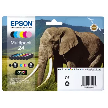 Epson Elephant Multipack 6-colours 24 Claria Photo HD Ink, Standard Yield, Juoda, Žydra, Light Žydra, Magenta, Light Magenta, Geltona, 5.1 ml, 4.6 ml, 6 vnt., Daugkartinė pakuotė