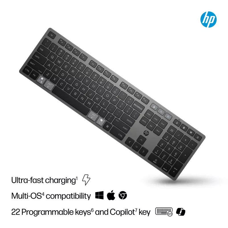 HP 725 kelių įrenginių belaidė įkraunama klaviatūra, viso dydžio (100%), belaidė, RF belaidė + Bluetooth, juoda