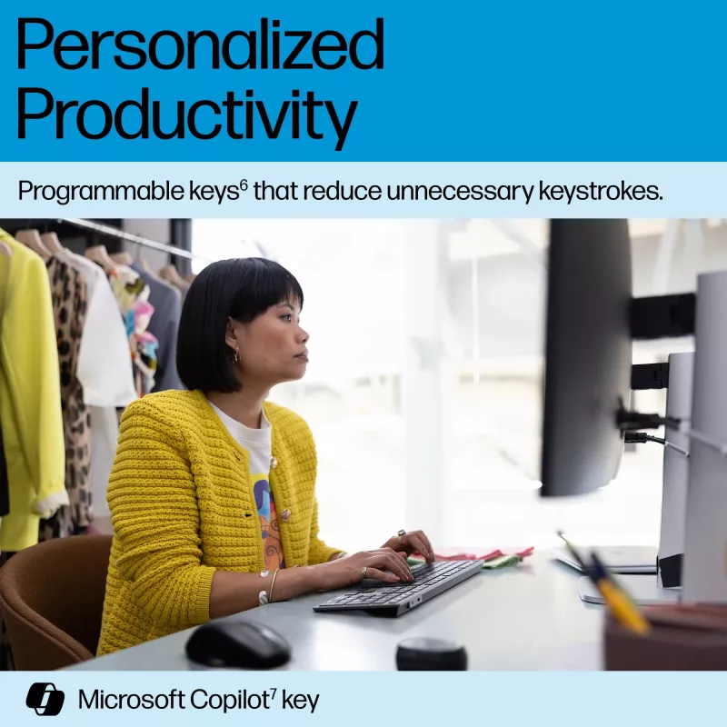 HP 725 kelių įrenginių belaidė įkraunama klaviatūra, viso dydžio (100%), belaidė, RF belaidė + Bluetooth, juoda