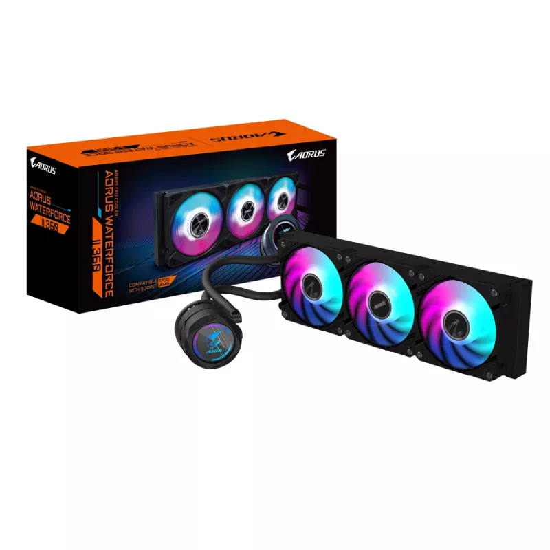 GIGABYTE AORUS WATERFORCE II 360 AIO skysčio aušintuvas procesoriui - 3x120mm ARGB ventiliatoriai, slankiojančio blokavimo mechanizmas, DAISY-CHAIN, suderinamas su Intel LGA 1851 ir AMD AM5