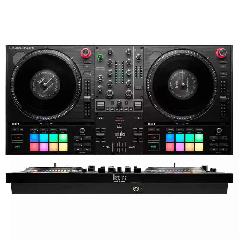 Hercules INPULSE T7 Juoda DJ valdiklis — 3,5 mm/6,35 mm ausinių, USB laidas, 652×350×90 mm