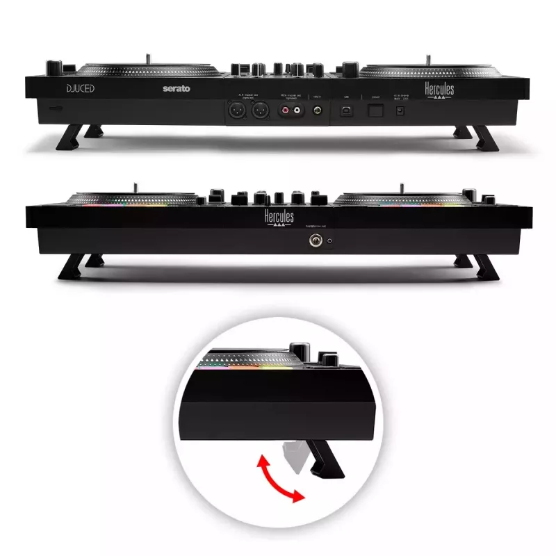 Hercules INPULSE T7 Juoda DJ valdiklis — 3,5 mm/6,35 mm ausinių, USB laidas, 652×350×90 mm