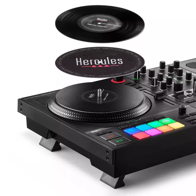 Hercules INPULSE T7 Juoda DJ valdiklis — 3,5 mm/6,35 mm ausinių, USB laidas, 652×350×90 mm