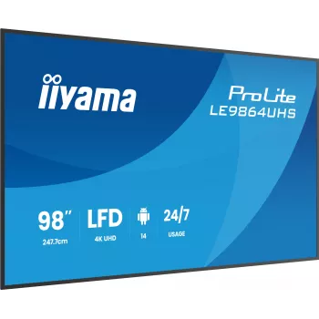 „iiyama LE9864UHS-B1AG“ reklaminis ekranas Skaitmeninis reklaminis plokščiasis ekranas 2,49 m (98 coliai) „Wi-Fi“ 500 cd/m² 4K Ultra HD Juodas Įmontuotas procesorius „Android“ 24/7