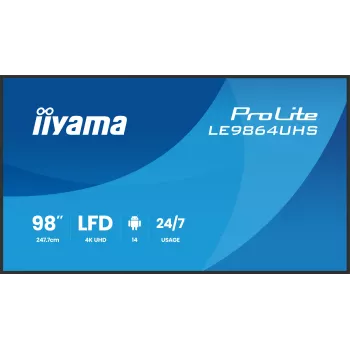 „iiyama LE9864UHS-B1AG“ reklaminis ekranas Skaitmeninis reklaminis plokščiasis ekranas 2,49 m (98 coliai) „Wi-Fi“ 500 cd/m² 4K Ultra HD Juodas Įmontuotas procesorius „Android“ 24/7
