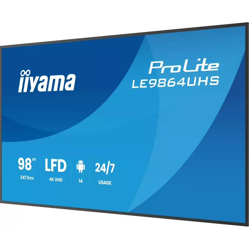 „iiyama LE9864UHS-B1AG“ reklaminis ekranas Skaitmeninis reklaminis plokščiasis ekranas 2,49 m (98 coliai) „Wi-Fi“ 500 cd/m² 4K Ultra HD Juodas Įmontuotas procesorius „Android“ 24/7