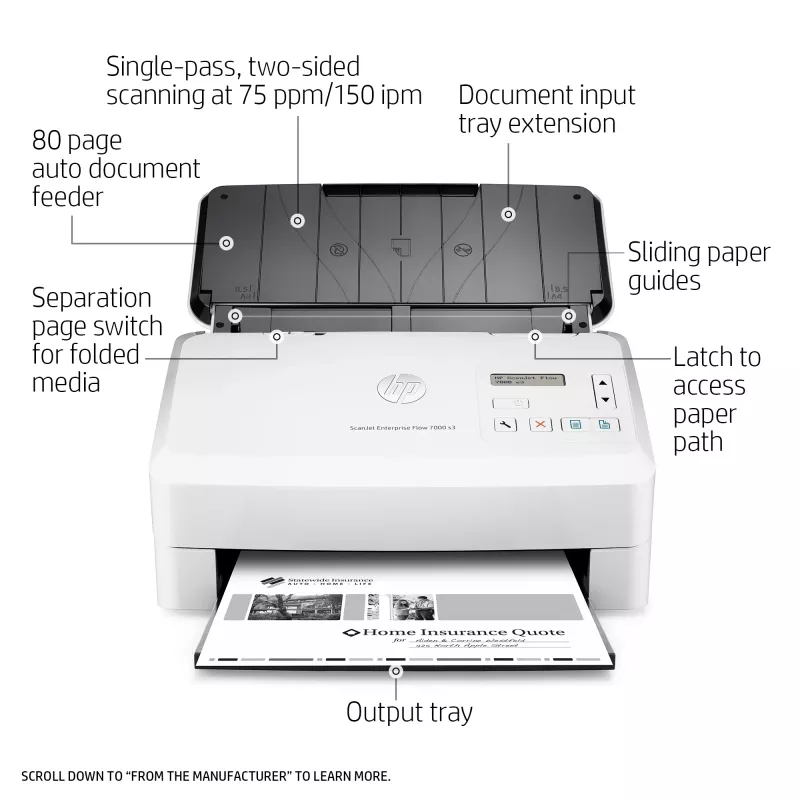 HP Scanjet Enterprise Flow 7000 s3 lakštinis skaitytuvas 600 x 600 DPI A4 baltas