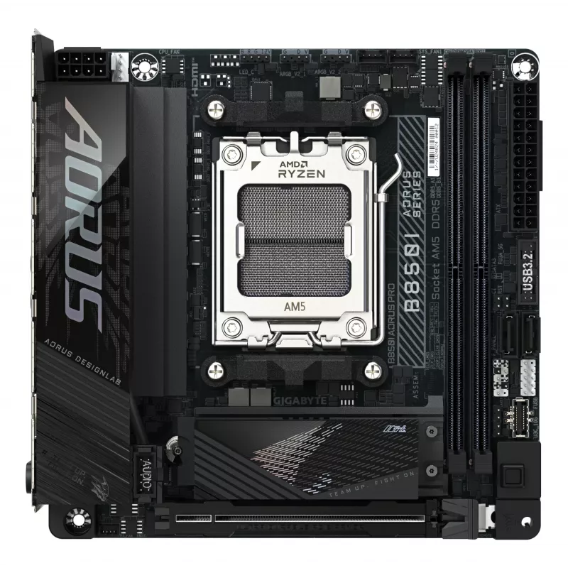 GIGABYTE B850I AORUS PRO pagrindinė plokštė – AMD Ryzen 9000 serijos procesoriams, 8+2+1 fazių skaitmeninis VRM, iki 8400MHz DDR5 (OC), 1xPCIe 5.0 + 1xPCIe 4.0 M.2, 2.5LAN, WIFI 7, USB 3.2 Gen 2