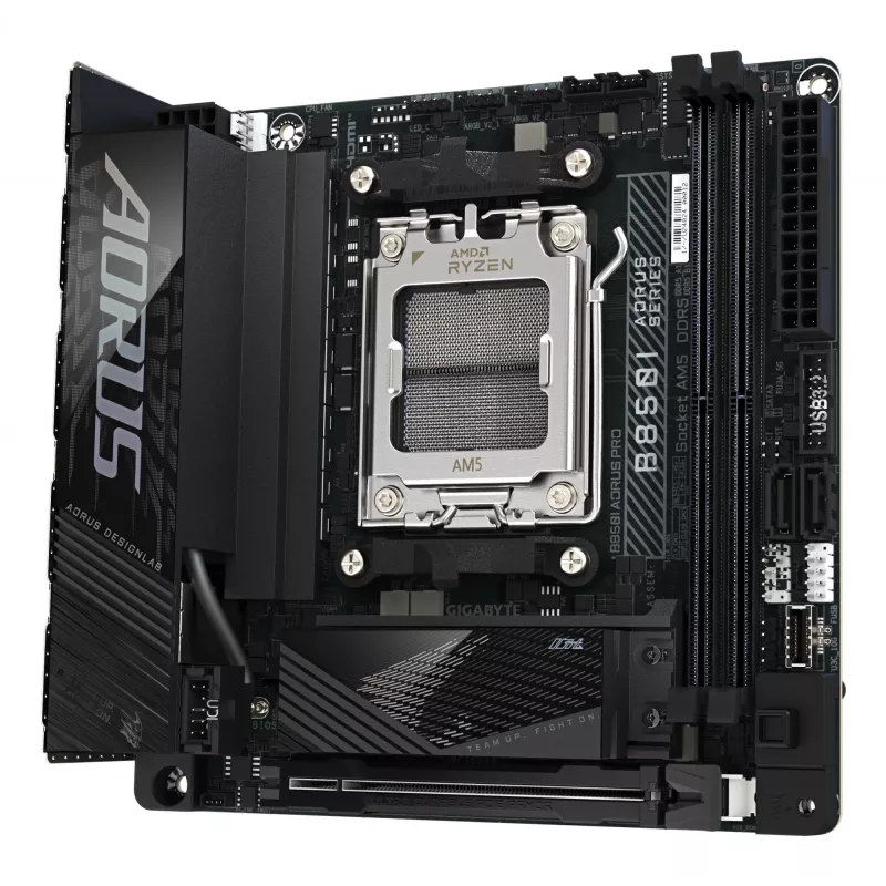 GIGABYTE B850I AORUS PRO pagrindinė plokštė – AMD Ryzen 9000 serijos procesoriams, 8+2+1 fazių skaitmeninis VRM, iki 8400MHz DDR5 (OC), 1xPCIe 5.0 + 1xPCIe 4.0 M.2, 2.5LAN, WIFI 7, USB 3.2 Gen 2