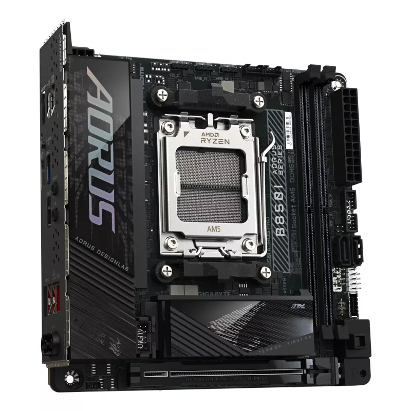 GIGABYTE B850I AORUS PRO pagrindinė plokštė – AMD Ryzen 9000 serijos procesoriams, 8+2+1 fazių skaitmeninis VRM, iki 8400MHz DDR5 (OC), 1xPCIe 5.0 + 1xPCIe 4.0 M.2, 2.5LAN, WIFI 7, USB 3.2 Gen 2