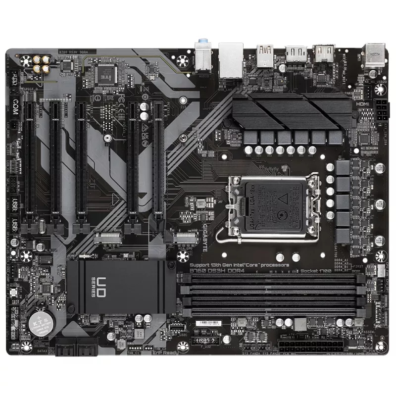GIGABYTE B760 DS3H DDR4 pagrindinė plokštė – palaiko Intel Core 14 kartos procesorius, 18+2+1 fazių skaitmeninis VRM, iki 5333 MHz DDR4 (OC), 2xPCIe 4.0 M.2, GbE LAN, USB 3.2 Gen 2