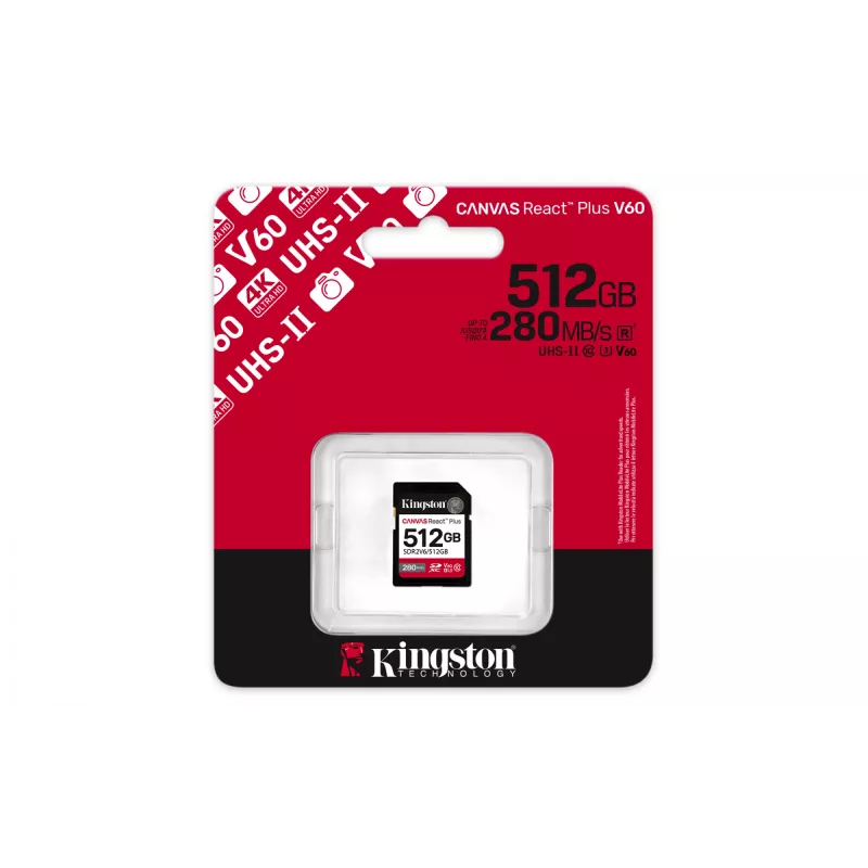 Kingston Technology 512GB Canvas React Plus SDXC UHS-II 280R/150W U3 V60, skirta Full HD/4K