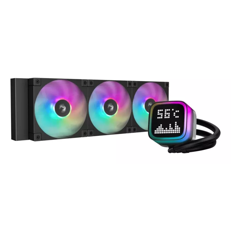 All-in-one skystas aušintuvas DeepCool R-LP360-BKMSNC-G-1 — 360 mm radiatorius, 3x 120 mm ventiliatoriai, LGA 1700 palaikymas, LED ekranas, 41 cm vamzdeliai, juodas