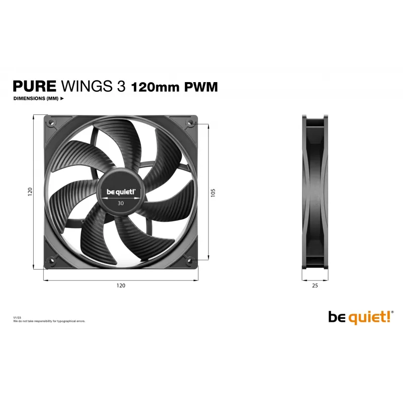Kompiuterio korpuso ventiliatorius be quiet! Pure Wings 3 120 mm PWM 1600 RPM 84,8 m³/h 1,45 mmH2O rifle bearing juodas 3 vnt. pakuotė