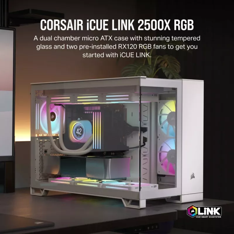 CORSAIR korpusas – iCUE LINK 2500X RGB Micro ATX dviejų kamerų baltas