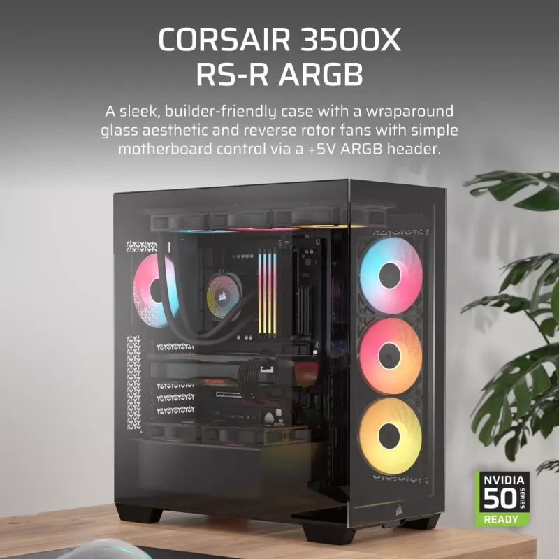 PC Midi Tower korpusas CORSAIR 3500X RS-R ARGB — juodas, grūdintas stiklas, palaiko ATX/EATX/Micro-ITX, 3x120 mm priekiniai ventiliatoriai
