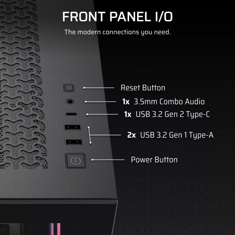 PC Midi Tower korpusas CORSAIR 3500X RS-R ARGB — juodas, grūdintas stiklas, palaiko ATX/EATX/Micro-ITX, 3x120 mm priekiniai ventiliatoriai