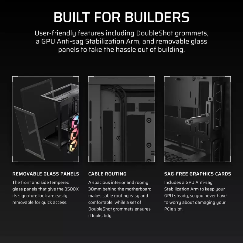 PC Midi Tower korpusas CORSAIR 3500X RS-R ARGB — juodas, grūdintas stiklas, palaiko ATX/EATX/Micro-ITX, 3x120 mm priekiniai ventiliatoriai