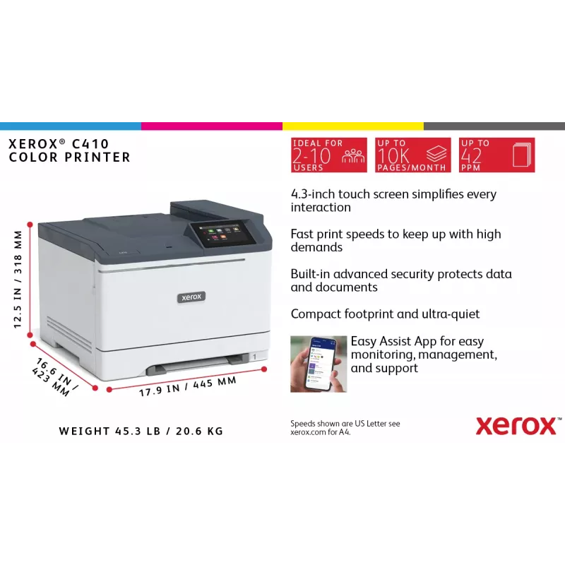 Xerox C410 A4 40ppm Duplex spausdintuvas PS3 PCL5e/6 2 padėklai 251 lapas