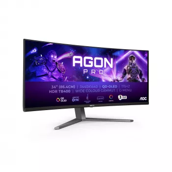 AOC AGON PRO AG346UCD kompiuterio monitorius 86,4 cm (34 colių) 3440 x 1440 pikselių Wide Quad HD QD-OLED juoda, pilka