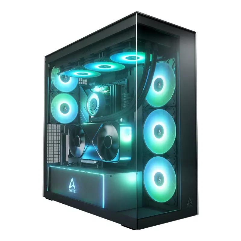 ARCTIC Xtender VG (Mirror Black) Premium E-ATX PC Case su vertikaliu GPU montavimu