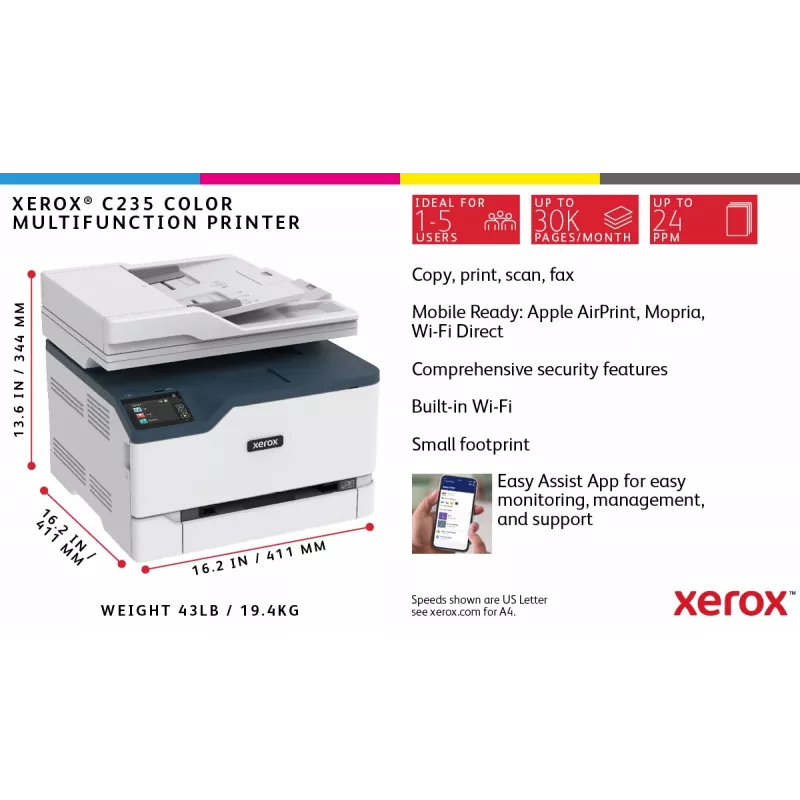 Xerox C235 A4 22ppm belaidis kopijavimas/spausdinimas/nuskaitymas/faksas PS3 PCL5e/6 ADF 2 padėklai iš viso 251 lapas