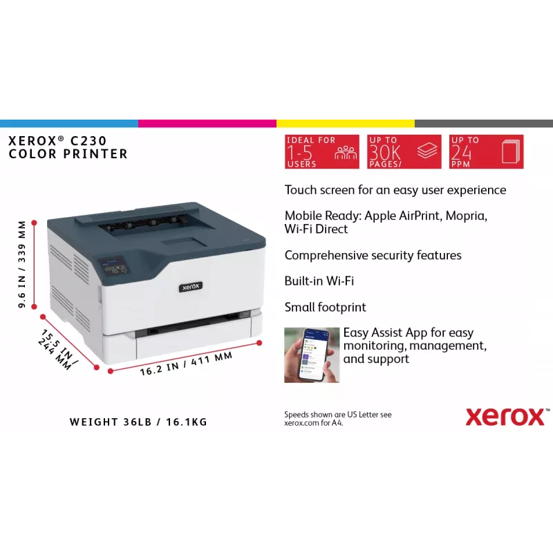 Xerox C230 A4 22ppm belaidis dvipusis spausdintuvas PS3 PCL5e6 2 dėklai, iš viso 251 lapas