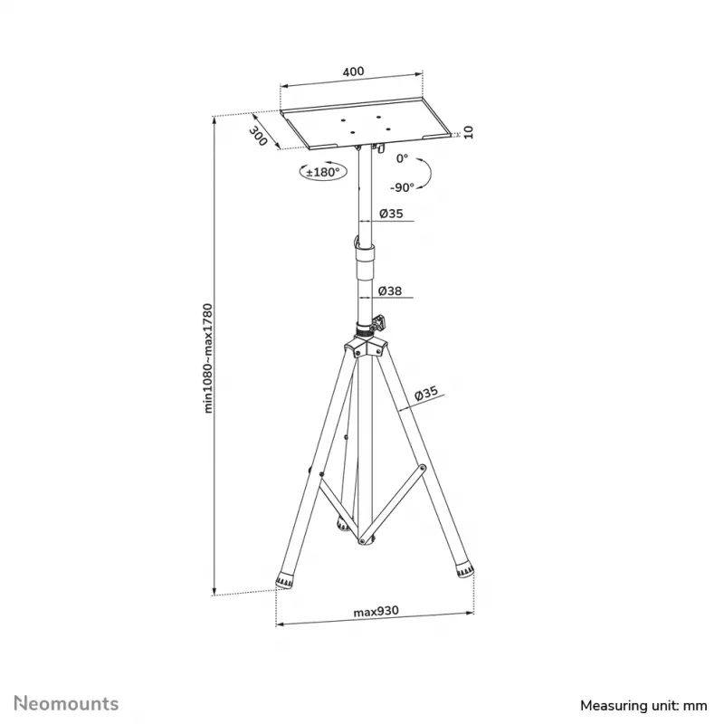 Neomounts NS-FS200Juoda grindų stovas 10-32 col., 15 kg, 25,4 cm (10 col.), 81,3 cm (32 col.), 75 x 75 mm, 100 x 100 mm, 1080–1780 mm