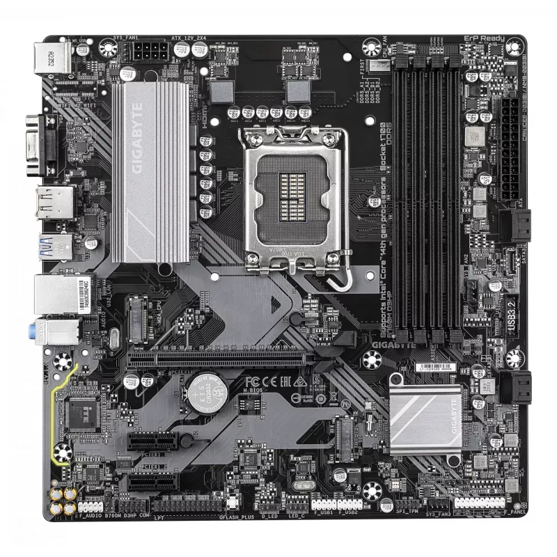 GIGABYTE B760M D3HP pagrindinė plokštė – Intel Core 14-osios kartos procesoriams, 4+1+1 fazių VRM, iki 5600MHz DDR5, 2xPCIe 4.0 M.2, GbE LAN, USB 3.2 Gen 1