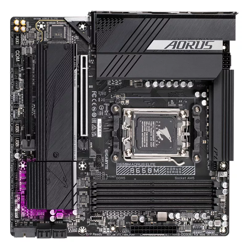 GIGABYTE B650M AORUS ELITE pagrindinė plokštė – AMD Ryzen 9000 procesoriams, 12+2+2 fazių VRM, iki 8000MHz DDR5, 1xPCIe 5.0 + 1xPCIe 4.0 M.2, 2.5GbE LAN, USB 3.2 Gen 2x2