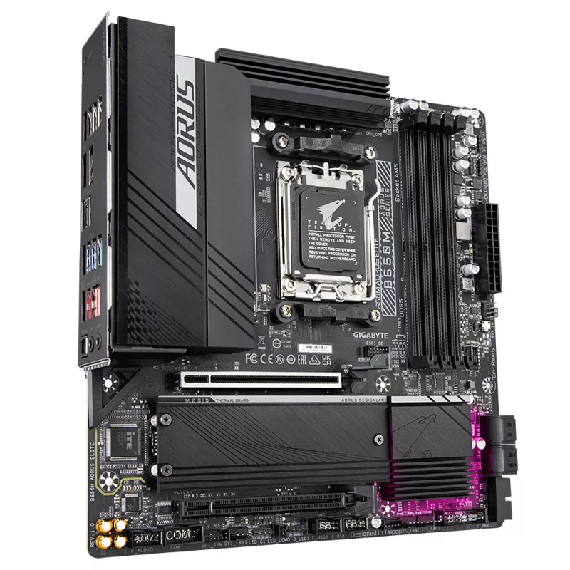 GIGABYTE B650M AORUS ELITE pagrindinė plokštė – AMD Ryzen 9000 procesoriams, 12+2+2 fazių VRM, iki 8000MHz DDR5, 1xPCIe 5.0 + 1xPCIe 4.0 M.2, 2.5GbE LAN, USB 3.2 Gen 2x2