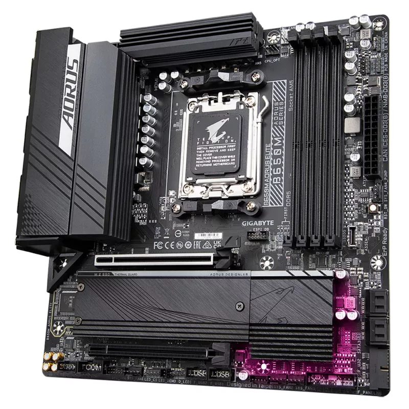 GIGABYTE B650M AORUS ELITE pagrindinė plokštė – AMD Ryzen 9000 procesoriams, 12+2+2 fazių VRM, iki 8000MHz DDR5, 1xPCIe 5.0 + 1xPCIe 4.0 M.2, 2.5GbE LAN, USB 3.2 Gen 2x2