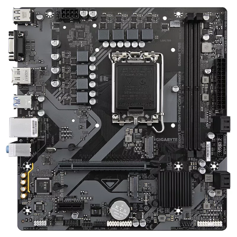 GIGABYTE B760M E pagrindinė plokštė – palaiko 14-os kartos Intel Core procesorius, 6+1+1 fazių VRM, iki 7200MHz DDR5 (OC), 2xPCIe 4.0 M.2, 1 GbE LAN, USB 3.2 Gen 1
