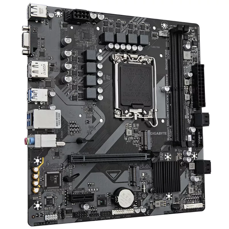 GIGABYTE B760M E pagrindinė plokštė – palaiko 14-os kartos Intel Core procesorius, 6+1+1 fazių VRM, iki 7200MHz DDR5 (OC), 2xPCIe 4.0 M.2, 1 GbE LAN, USB 3.2 Gen 1