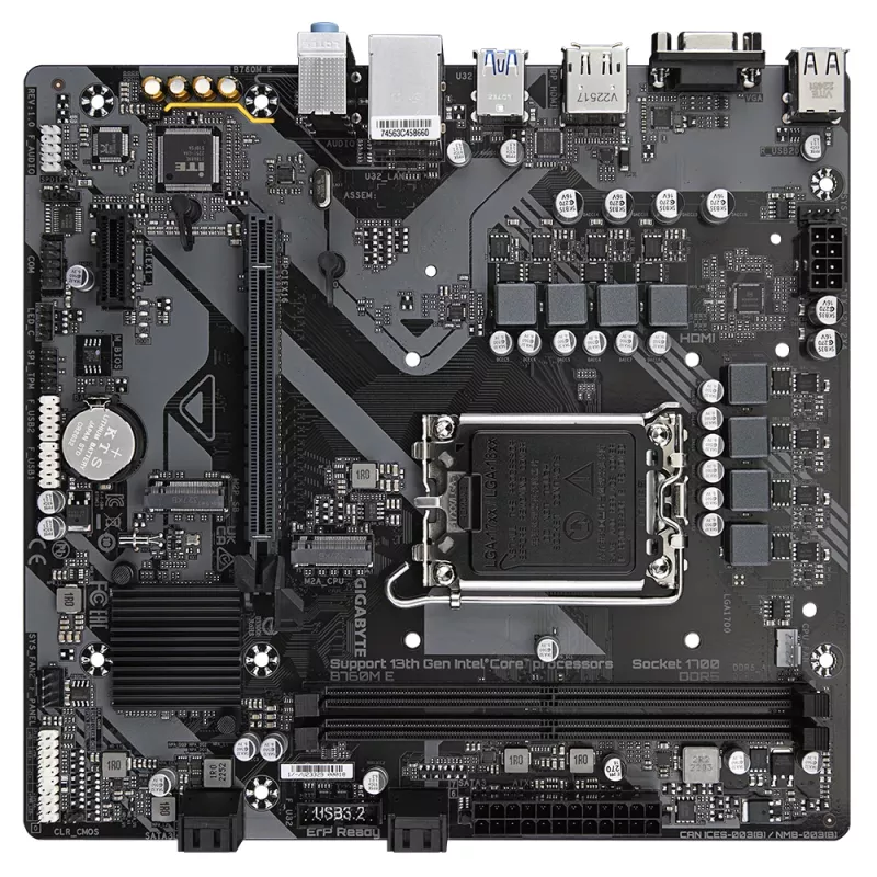 GIGABYTE B760M E pagrindinė plokštė – palaiko 14-os kartos Intel Core procesorius, 6+1+1 fazių VRM, iki 7200MHz DDR5 (OC), 2xPCIe 4.0 M.2, 1 GbE LAN, USB 3.2 Gen 1
