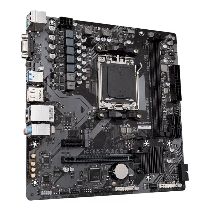 GIGABYTE B650M S2H pagrindinė plokštė - AMD Ryzen 9000 serijos procesoriai, 5+2+2 fazių VRM, iki 6400 MHz DDR5 (OC), 1xPCIe 4.0 M.2, GbE LAN, USB 3.2 Gen 1