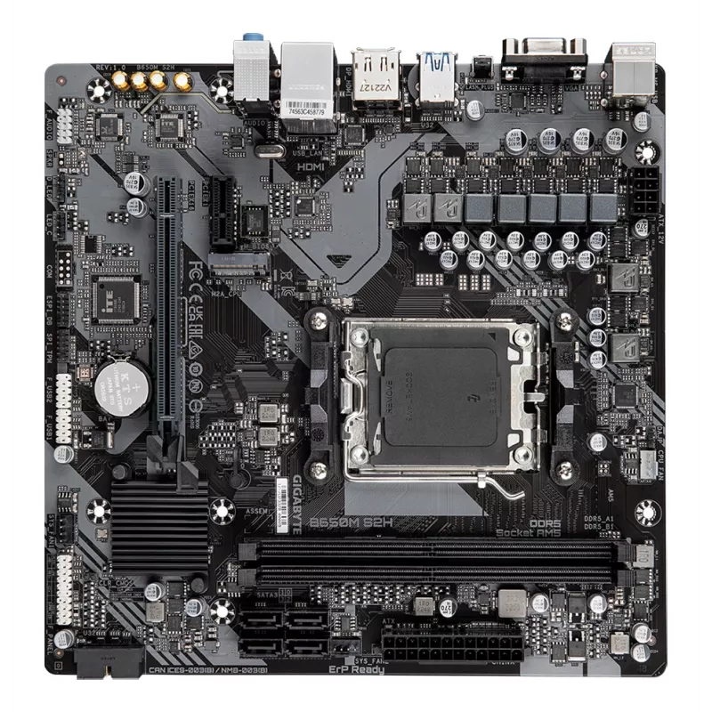 GIGABYTE B650M S2H pagrindinė plokštė - AMD Ryzen 9000 serijos procesoriai, 5+2+2 fazių VRM, iki 6400 MHz DDR5 (OC), 1xPCIe 4.0 M.2, GbE LAN, USB 3.2 Gen 1