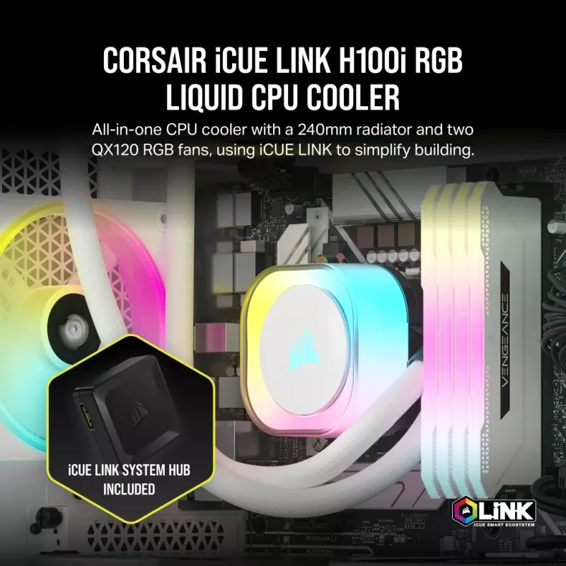 CORSAIR CPU aušintuvas - Icue Link H100I RGB Aio skysčio aušintuvas - baltas
