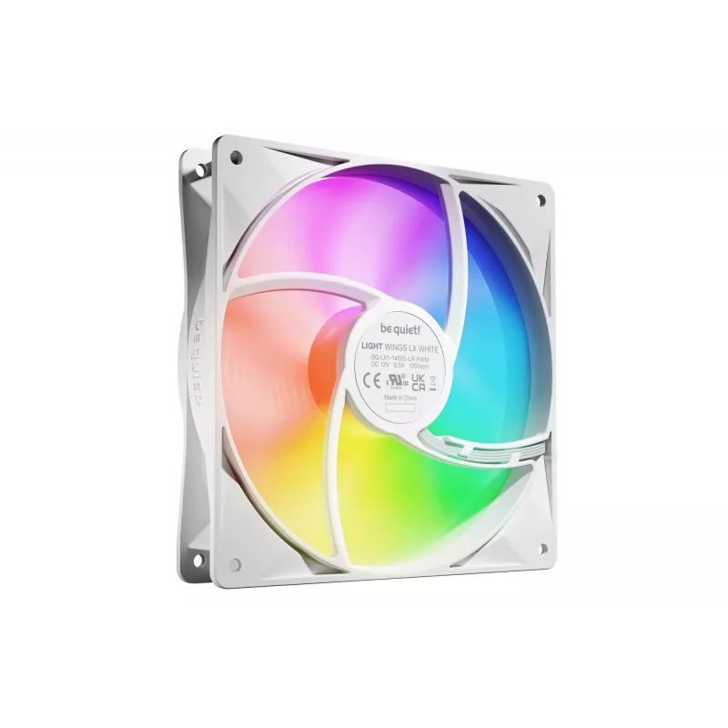 bequiet! LIGHT WINGS LX 140mm PWM 3 rinkinys Baltas — 140×25 mm ventiliatoriai, 1200 RPM, 95 m³/h, RGB šviesos diodai
