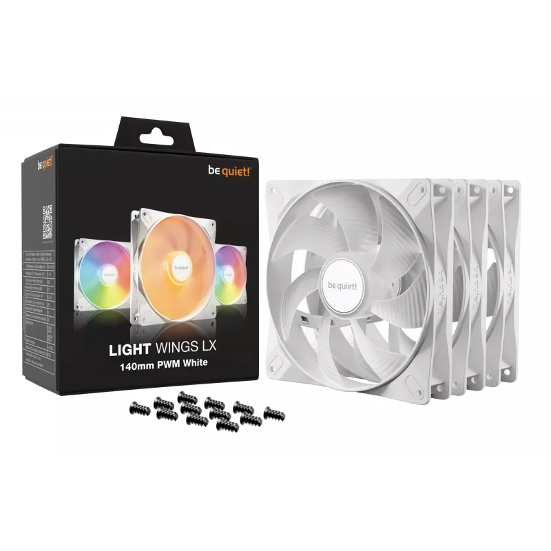 bequiet! LIGHT WINGS LX 140mm PWM 3 rinkinys Baltas — 140×25 mm ventiliatoriai, 1200 RPM, 95 m³/h, RGB šviesos diodai