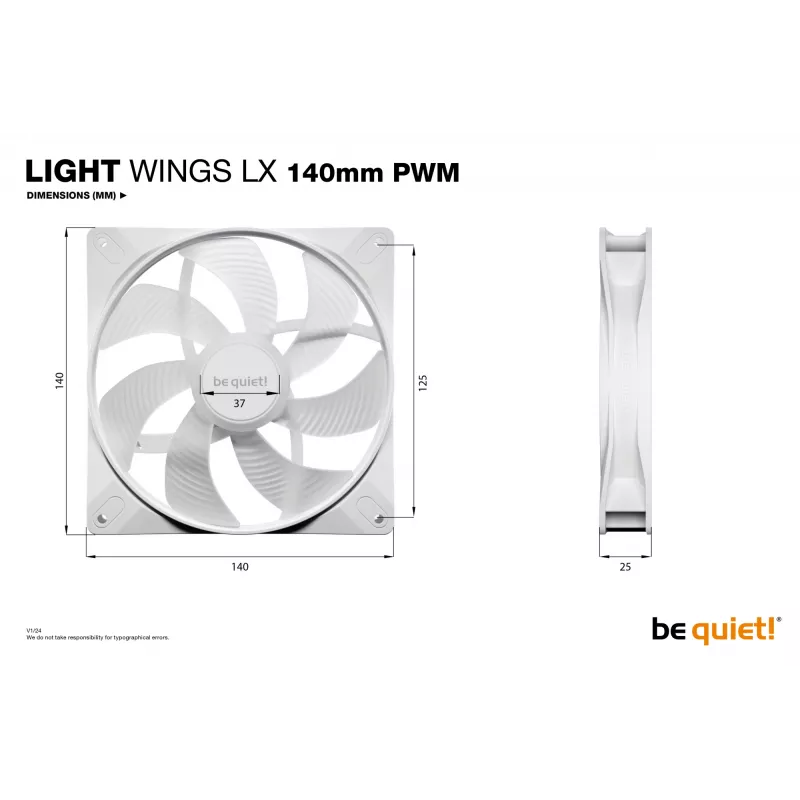 bequiet! LIGHT WINGS LX 140mm PWM 3 rinkinys Baltas — 140×25 mm ventiliatoriai, 1200 RPM, 95 m³/h, RGB šviesos diodai