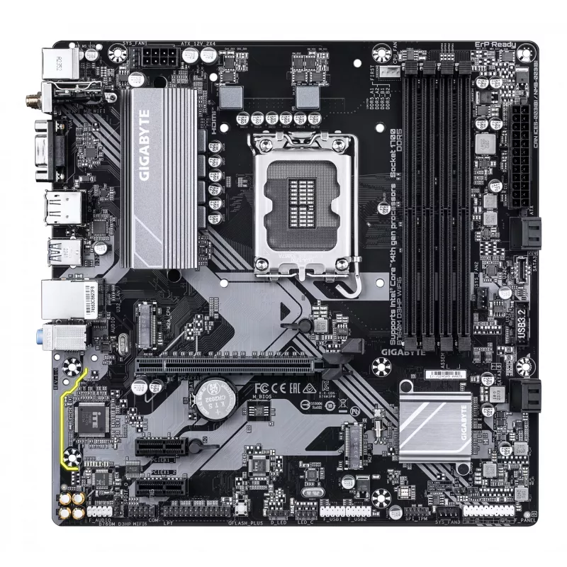 GIGABYTE B760M D3HP WIFI6 pagrindinė plokštė – palaiko Intel Core 14-os kartos procesorius, 4+1+1 fazių skaitmeninis VRM, iki 5600MHz DDR5, 2xPCIe 4.0 M.2, Wi-Fi 6, GbE LAN, USB 3.2 Gen1