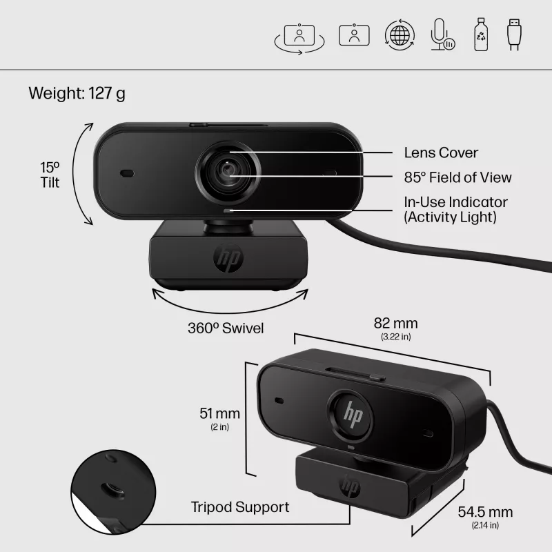 HP 435 FHD Webcam, 2 MP, 1920 x 1080 pikselių, Full HD, 30 kadrų per sekundę, UVC 1.1, automatinis