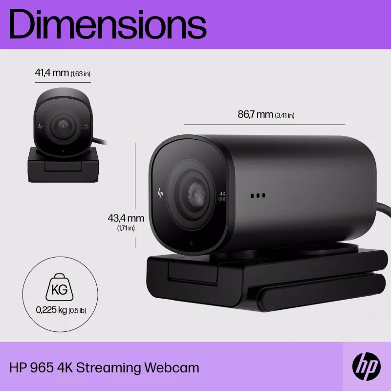 HP 965 4K srautinio transliavimo internetinė kamera, 8 MP, 3840 x 2160 pikselių, Full HD, 60 fps, 1280x720@30fps, 1280x720@60fps, 1920x1080@30fps, 1920x1080@60fps, 3840x2160@30fps, USB