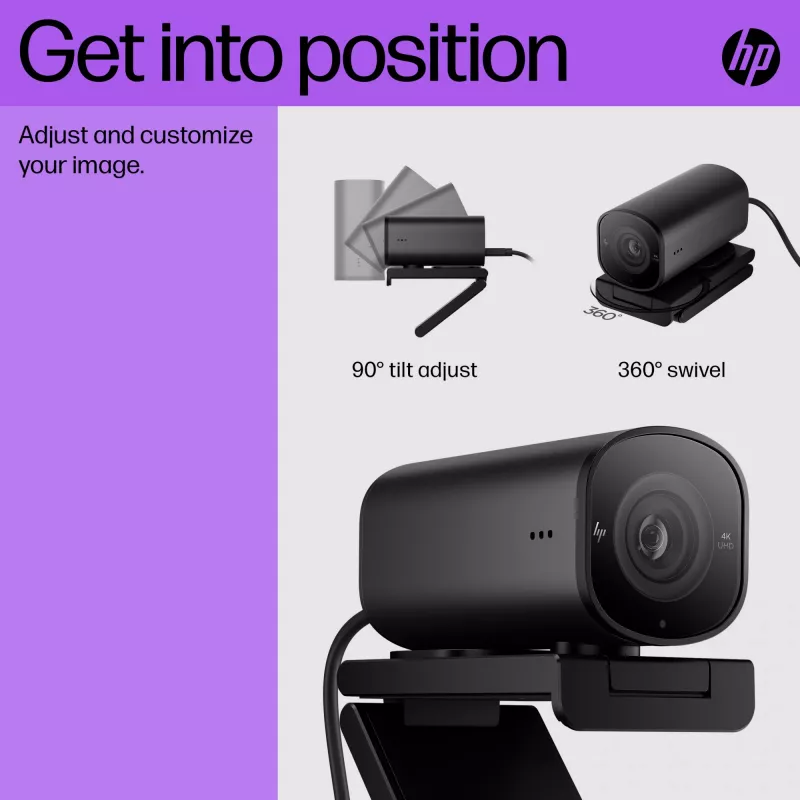 HP 965 4K srautinio transliavimo internetinė kamera, 8 MP, 3840 x 2160 pikselių, Full HD, 60 fps, 1280x720@30fps, 1280x720@60fps, 1920x1080@30fps, 1920x1080@60fps, 3840x2160@30fps, USB