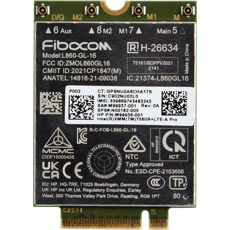 HP XMM 7560 R+ LTE-Advanced Pro WWAN, Kinija, Verslo, -20 - 65 °C, -40 - 85 °C, Windows 10, Windows 11, 42 mm