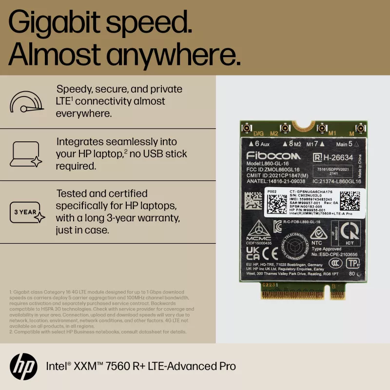 HP XMM 7560 R+ LTE-Advanced Pro WWAN, Kinija, Verslo, -20 - 65 °C, -40 - 85 °C, Windows 10, Windows 11, 42 mm