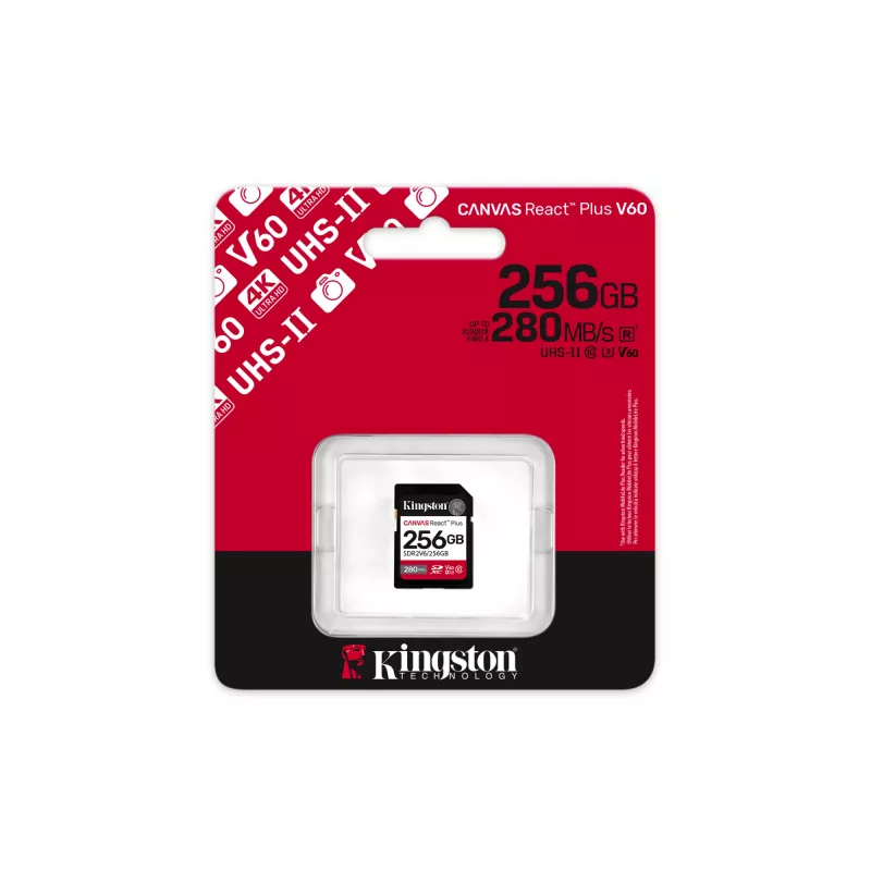 Kingston Technology 256GB Canvas React Plus SDXC UHS-II 280R/150W U3 V60, skirta Full HD/4K